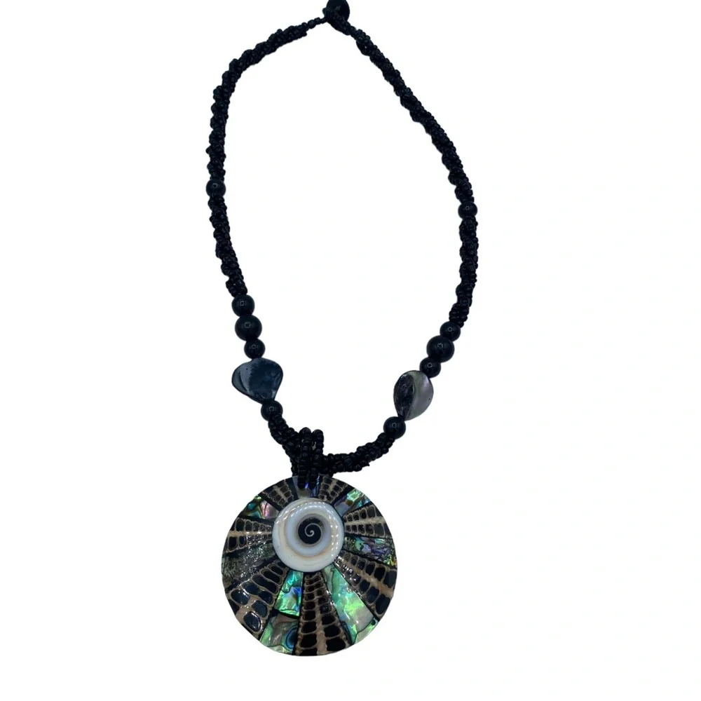 Vintage Abalone mosaic Shell and Seed Bead Necklace Black